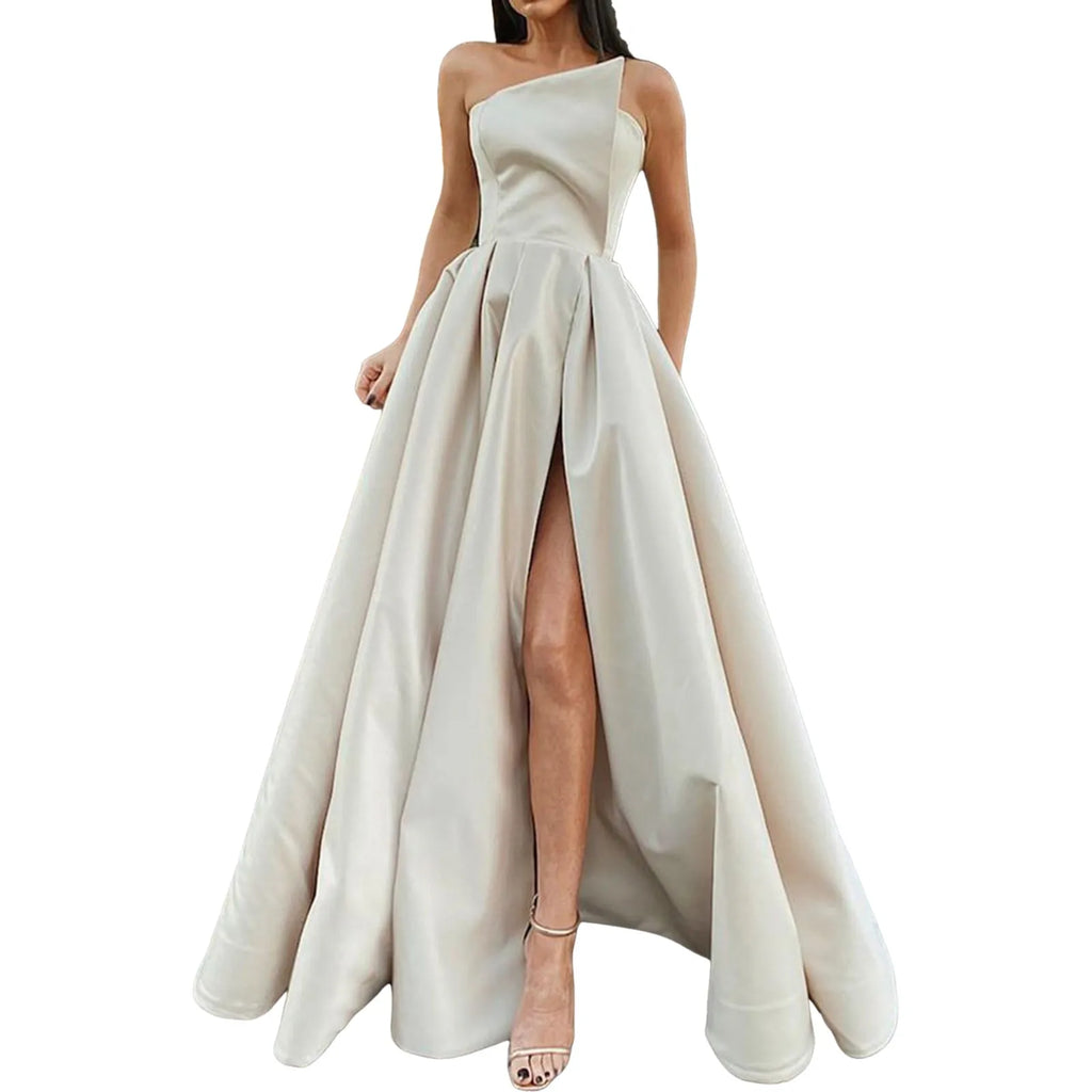 Ladies Satin A Line Prom Dresses Slim Fit One Shoulder Ruched Bridesmaid Evening Dress High Waist Split Evening Party Dresses